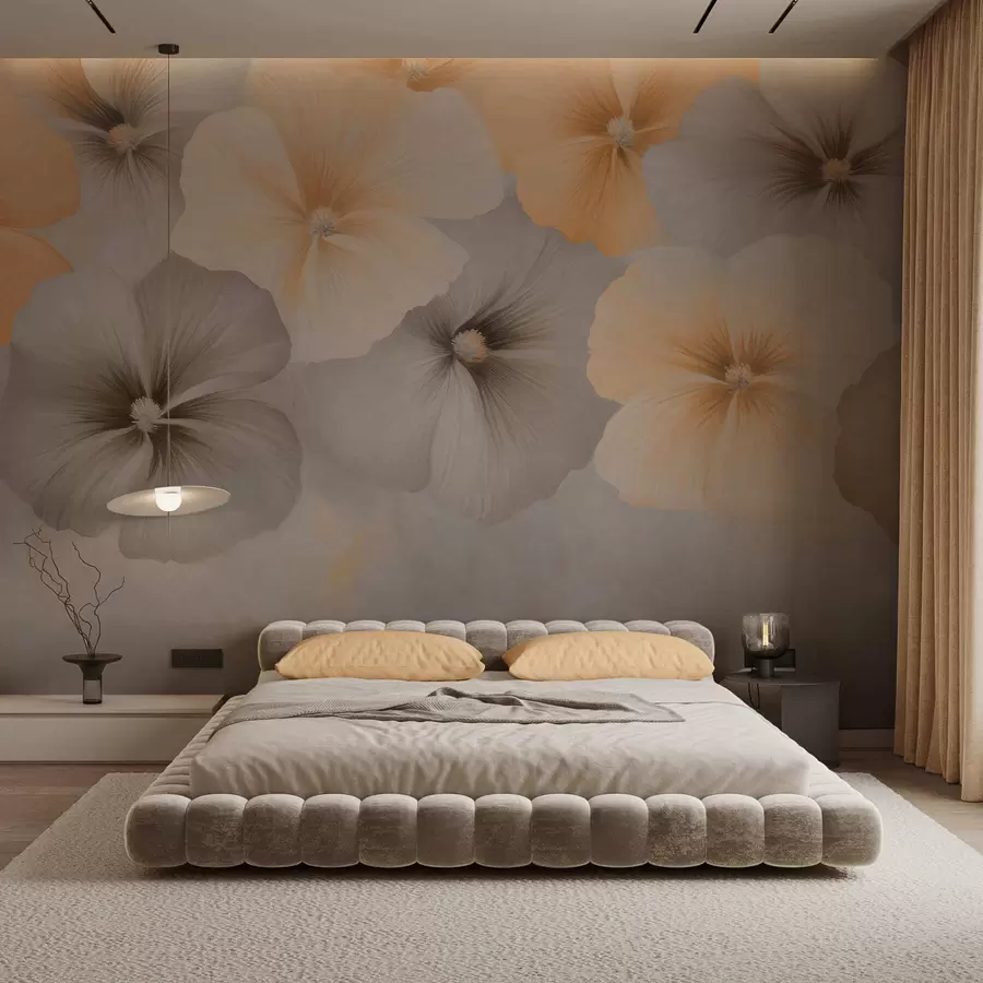 murales de pared Flores en tonos pastel suaves, con matices de amarillo cremoso y gris, sobre un fondo delicado w05600