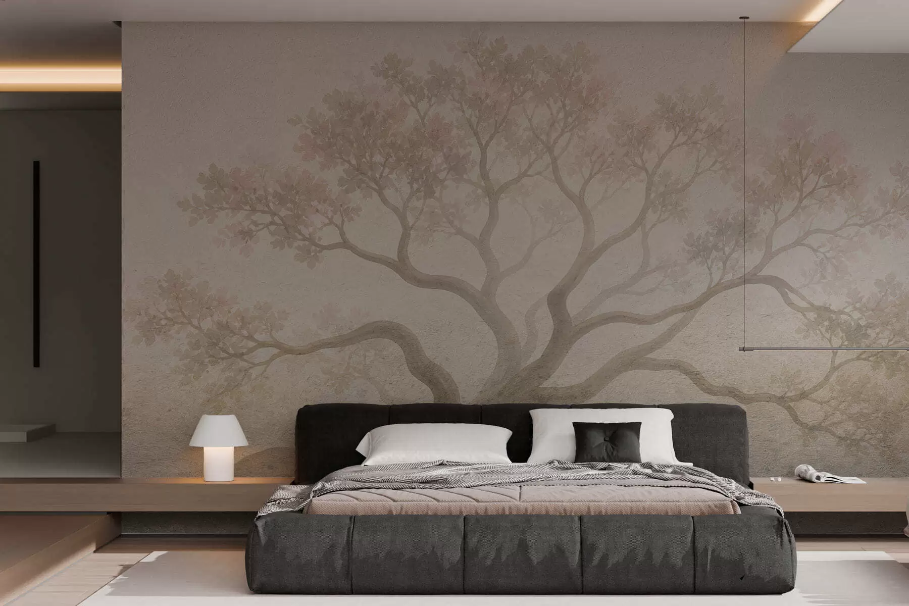murales de pared Paisaje minimalista de un árbol envuelto en niebla en suaves tonos beige; arte atmosférico y evocador w05602