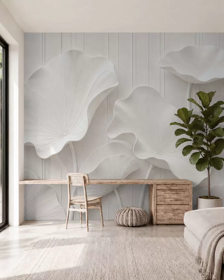 murales de pared Relieve floral escultural en blanco con pétalos superpuestos, un elegante adorno de pared en 3D w05604