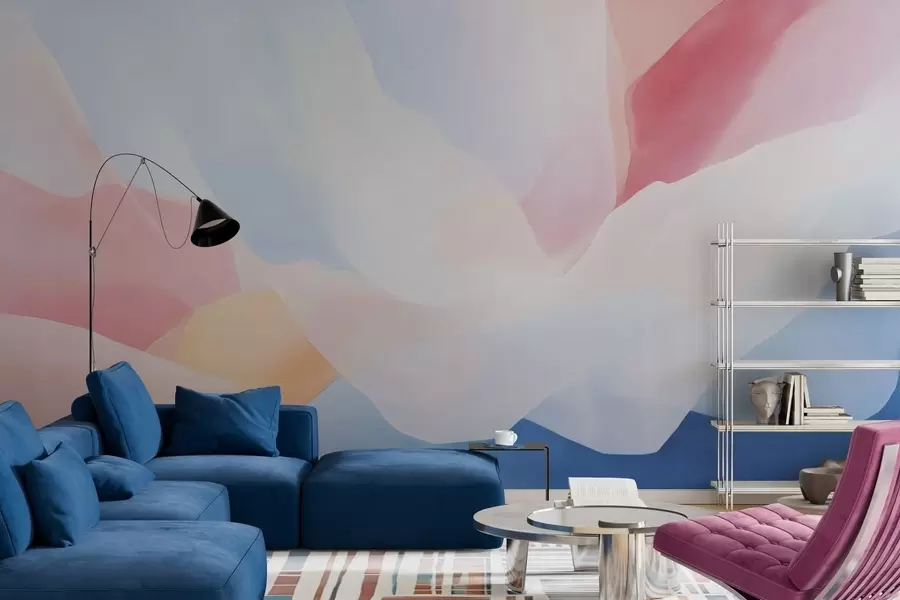 murales de pared Olas abstractas en tonos pastel con suaves degradados de rosa y azul al estilo de la acuarela w05609