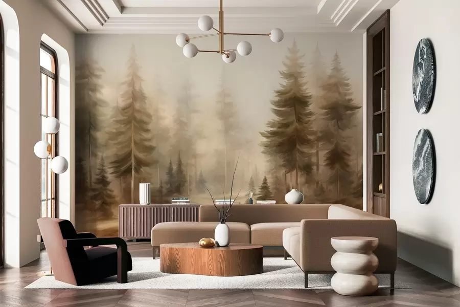murales de pared Un bosque frondoso con altos pinos envueltos en una ligera niebla; obra de arte paisajística con textura w09830