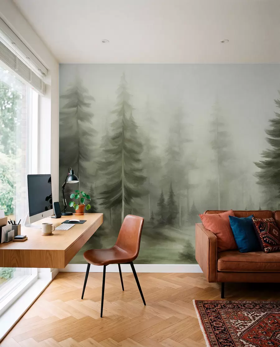 murales de pared Un bosque frondoso con altos pinos envueltos en una ligera niebla; obra de arte paisajística con textura w09830v1