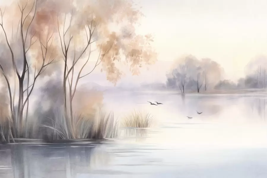 murales de pared Paisaje: un lago envuelto en niebla con árboles y juncos, pájaros volando, estilo de pintura en acuarela con textura w09866