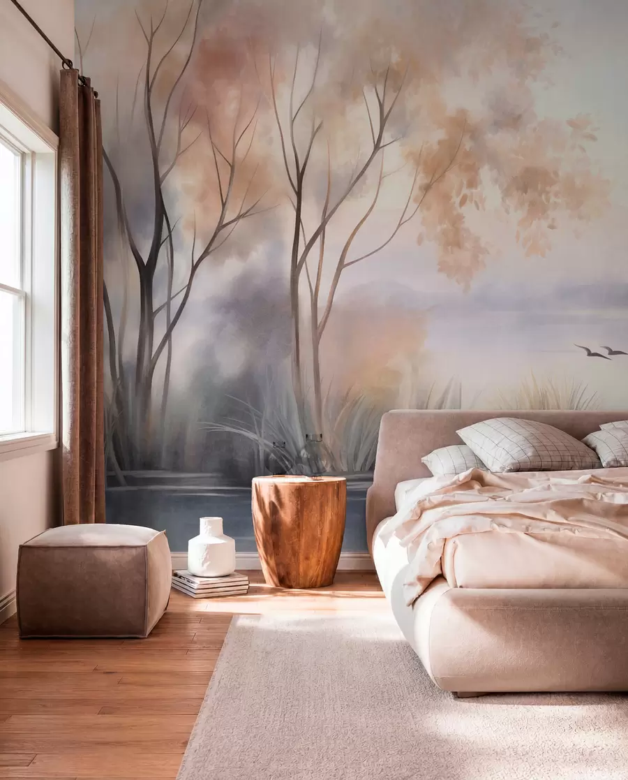 murales de pared Paisaje: un lago envuelto en niebla con árboles y juncos, pájaros volando, estilo de pintura en acuarela con textura w09866