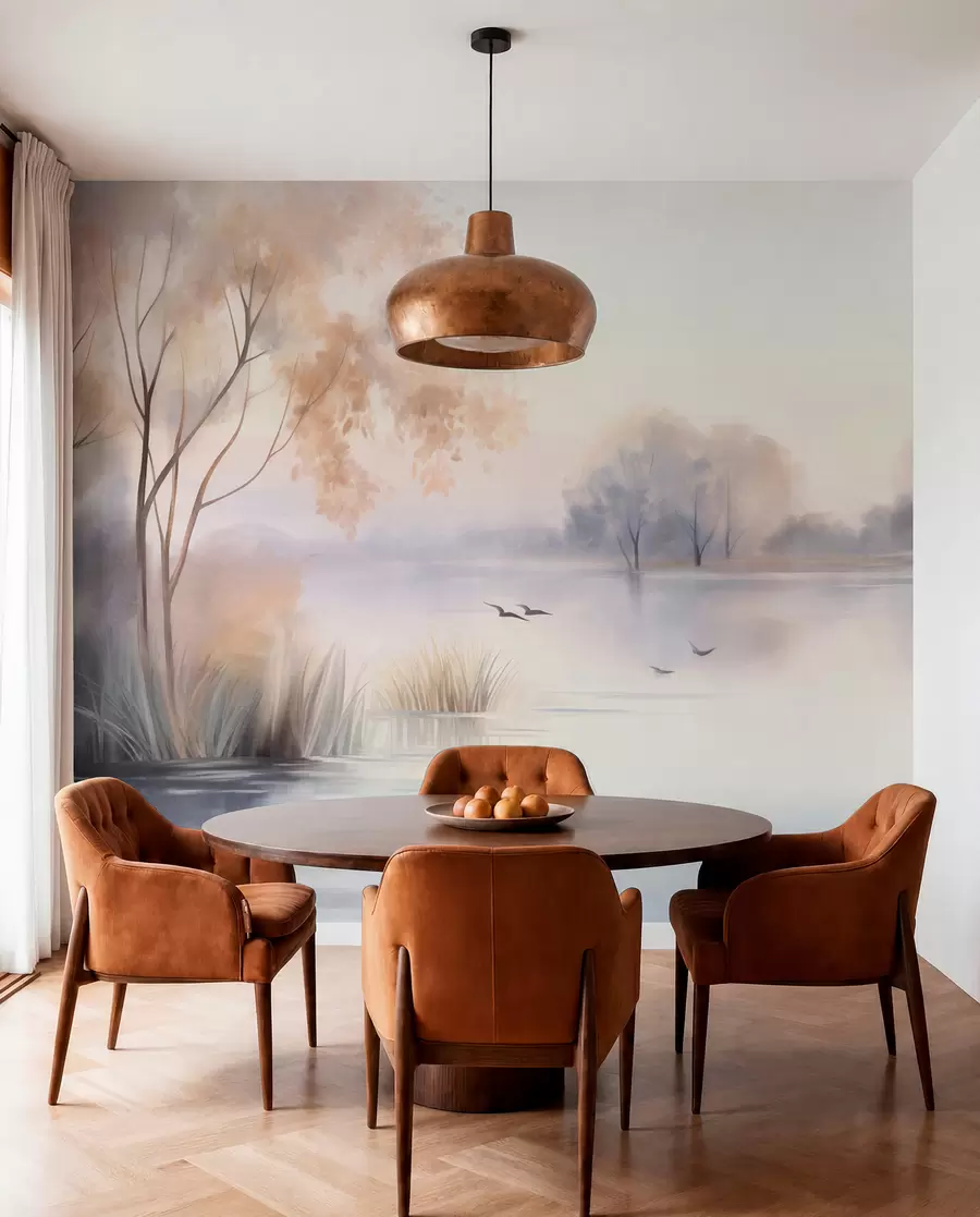 murales de pared Paisaje: un lago envuelto en niebla con árboles y juncos, pájaros volando, estilo de pintura en acuarela con textura w09866