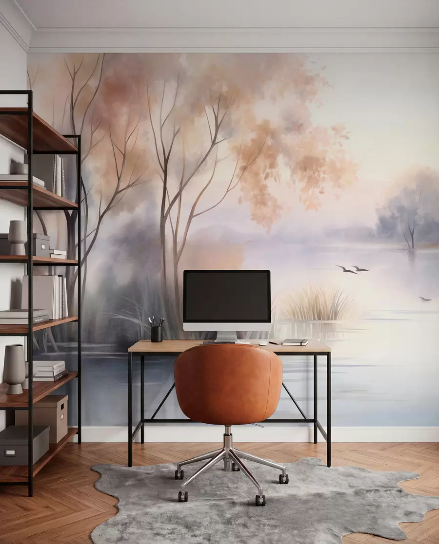 murales de pared Paisaje: un lago envuelto en niebla con árboles y juncos, pájaros volando, estilo de pintura en acuarela con textura w09866