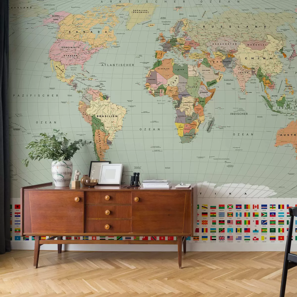 murales de pared Un mapa político del mundo de color oliva con banderas en alemán c00004dev1
