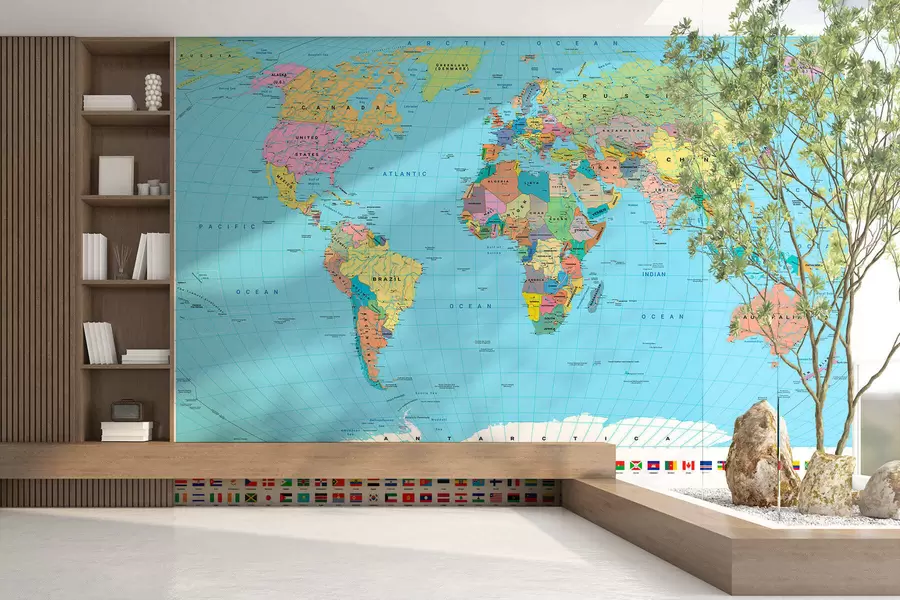 murales de pared Un mapa político del mundo a color con banderas, en inglés c00004en