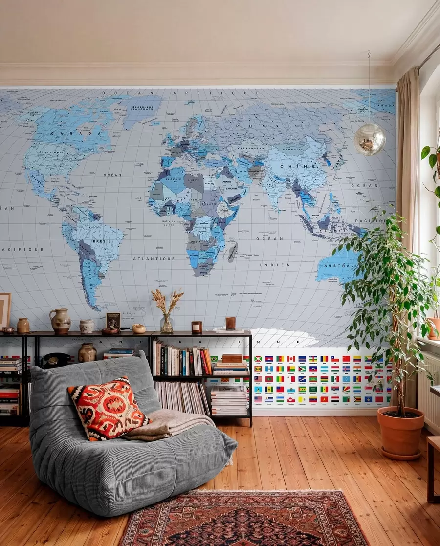 murales de pared Un mapa político del mundo con banderas en tonos azules, en francés c00004frv3