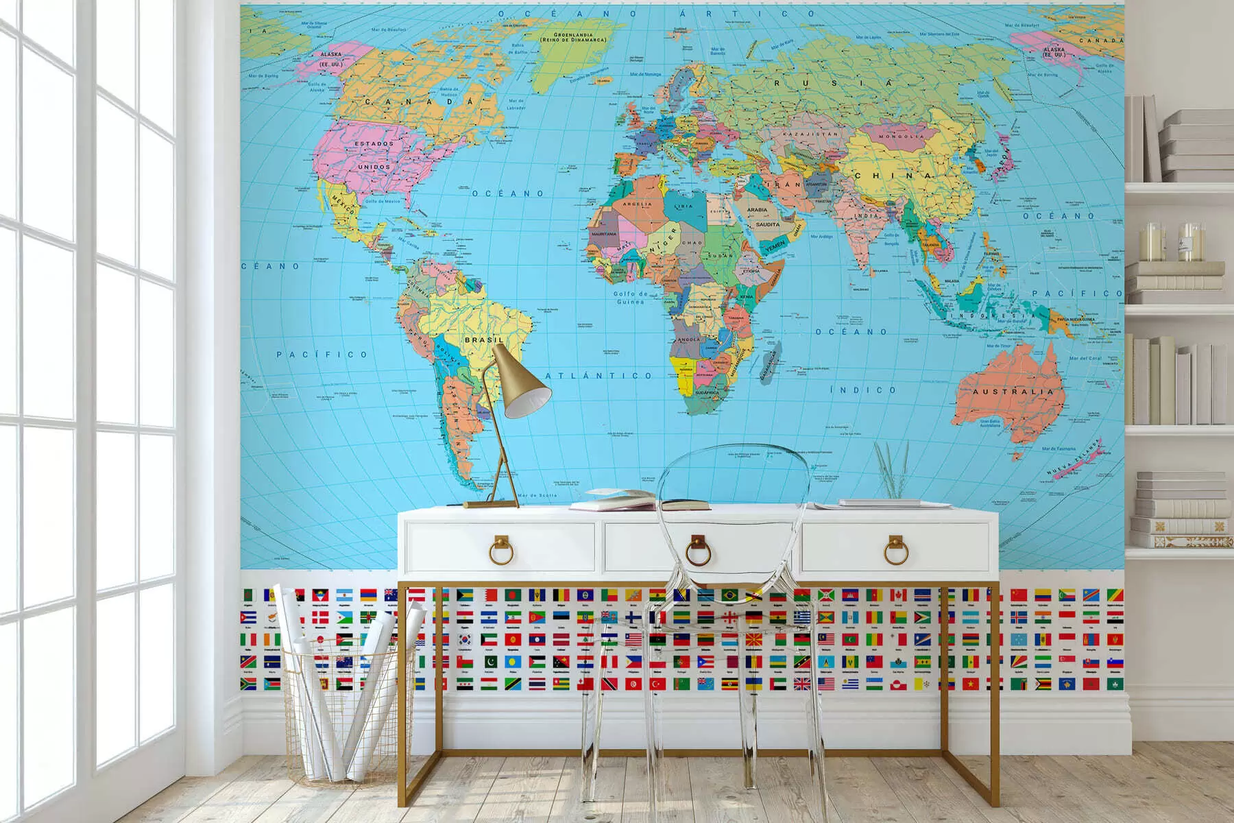 murales de pared Un mapa político del mundo en color verde oliva con banderas en español c00004es