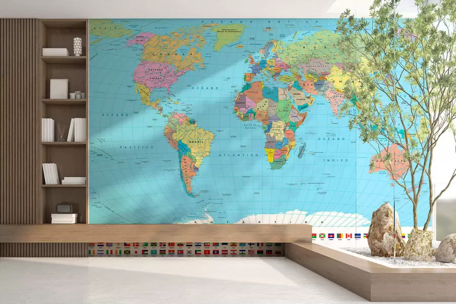 murales de pared Un mapa político del mundo en color verde oliva con banderas en español c00004es