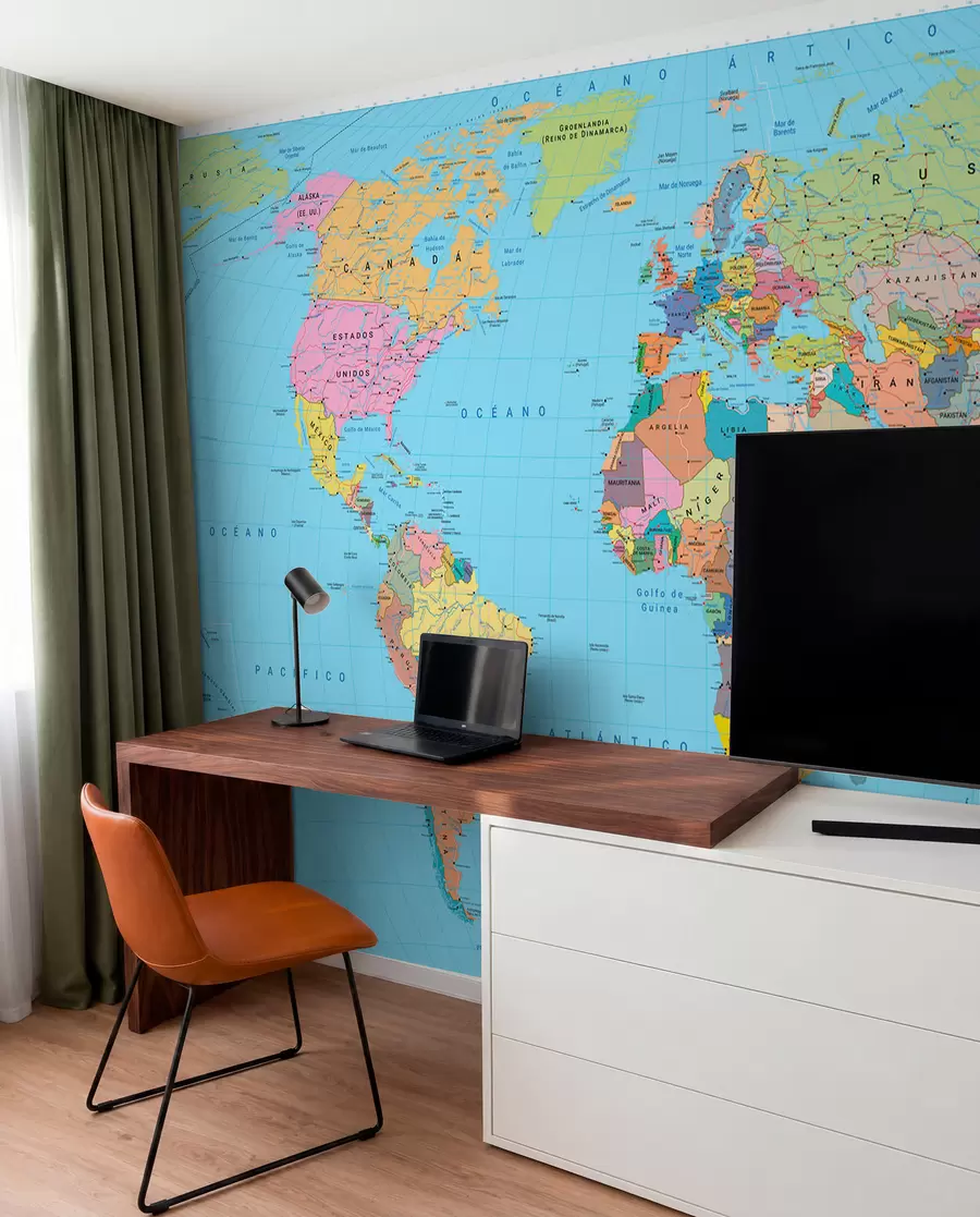 murales de pared Un mapa político del mundo en color verde oliva con banderas en español c00004es