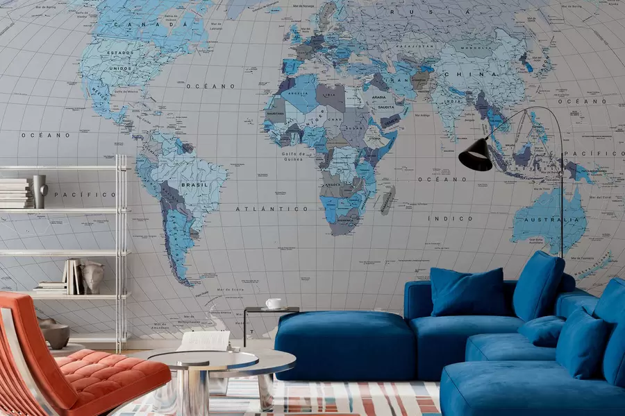 murales de pared Un mapa político del mundo con banderas en tonos azules. en español c00004esv3