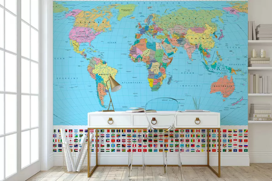 murales de pared Un mapa político del mundo de color oliva con banderas en polaco c00004pl