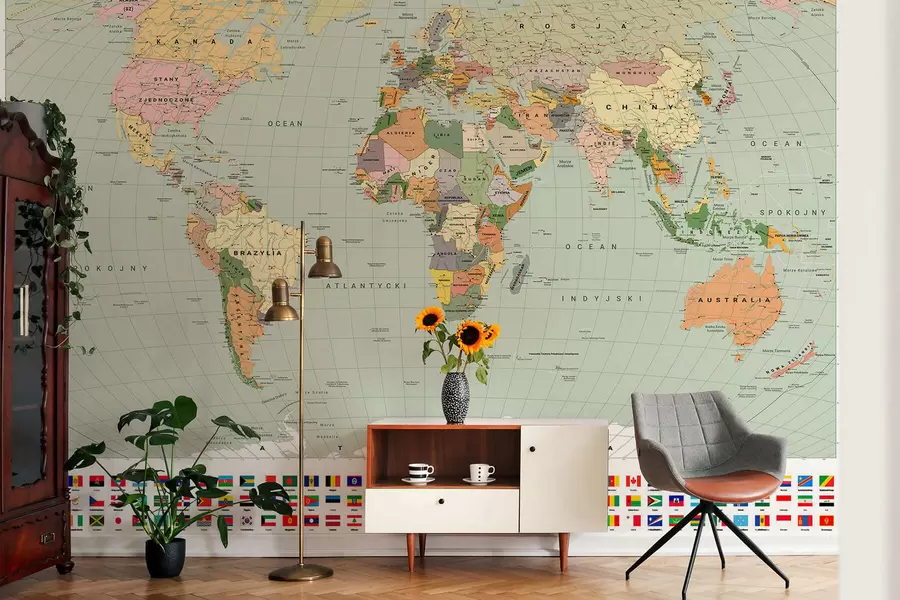 murales de pared Un mapa político del mundo a color con banderas en polaco c00004plv1