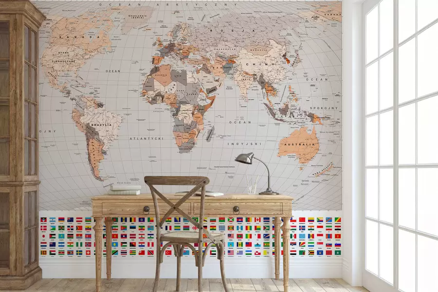 murales de pared Un mapa político del mundo con banderas en tonos marrones y beige. En polaco c00004plv2