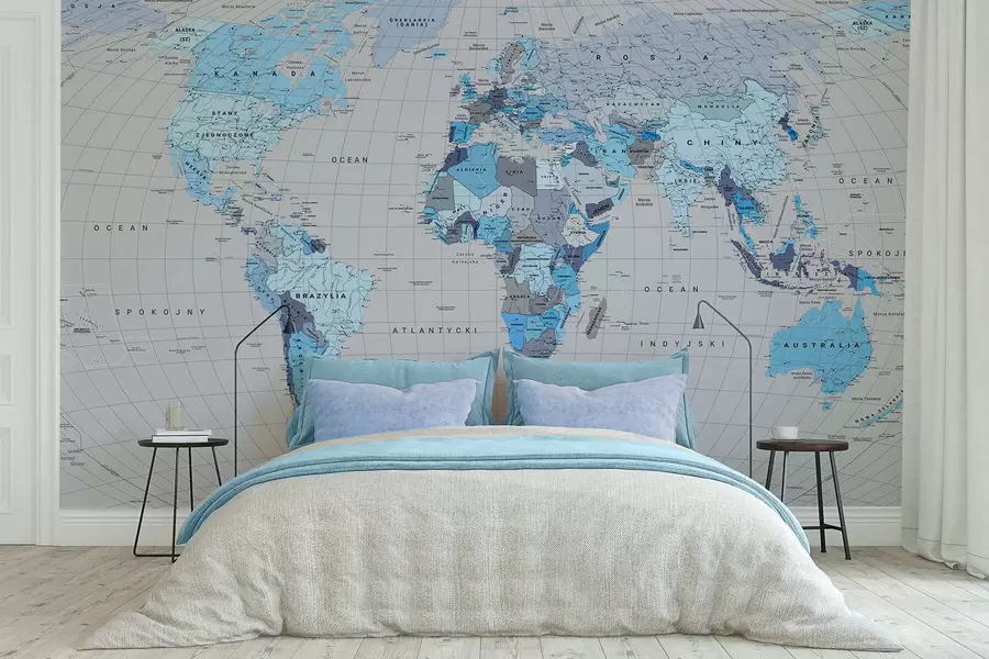 murales de pared Un mapa político del mundo con banderas en tonos azules. En polaco c00004plv3