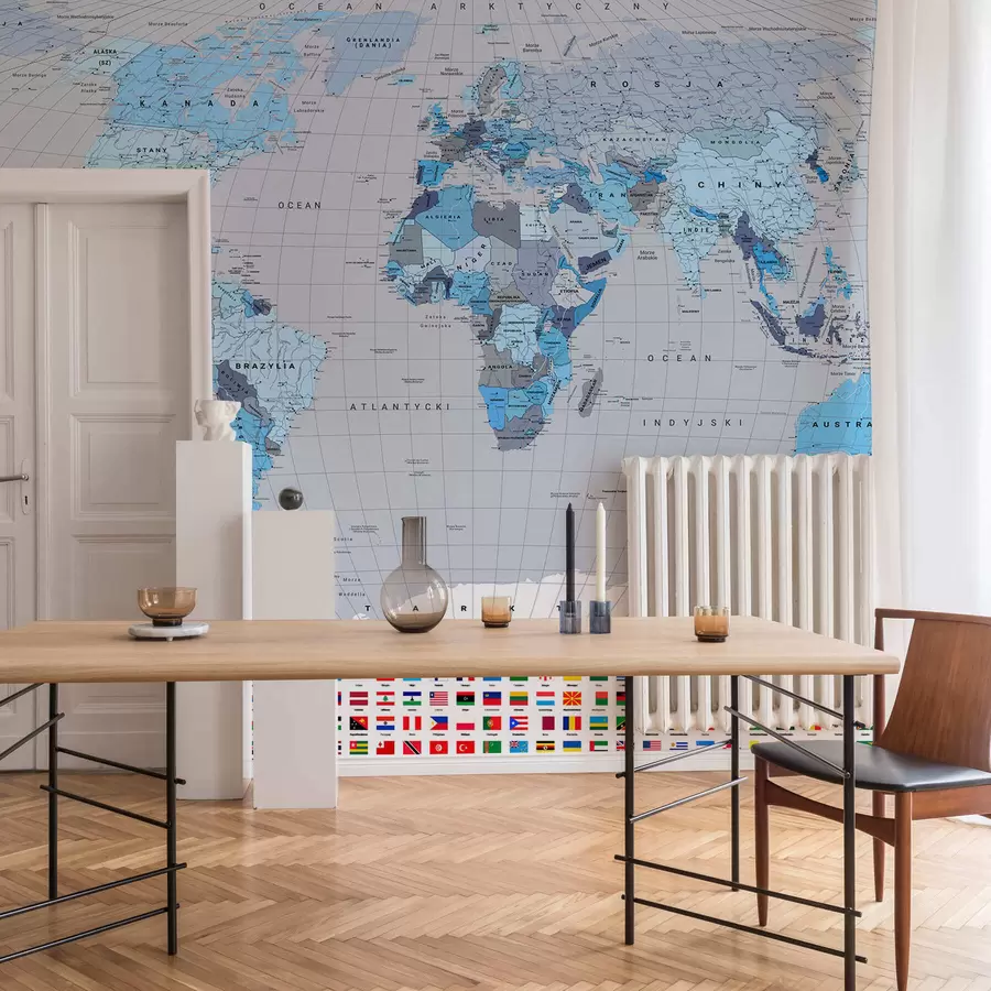 murales de pared Un mapa político del mundo con banderas en tonos azules. En polaco c00004plv3