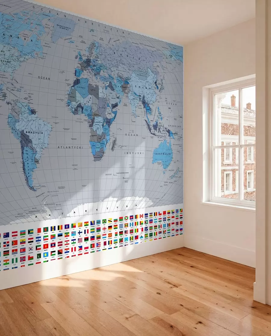 murales de pared Un mapa político del mundo con banderas en tonos azules. En polaco c00004plv3
