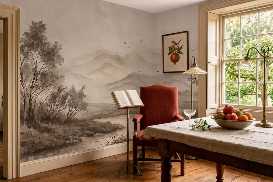 murales de pared Paisaje de montaña brumoso con un río y pájaros w05535