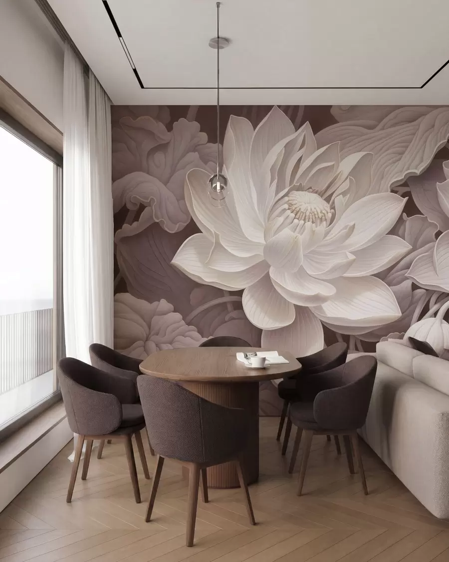 murales de pared Flores de loto de estilo vintage con suaves tonos sepia y pétalos detallados; ilustración botánica artística w05494v1