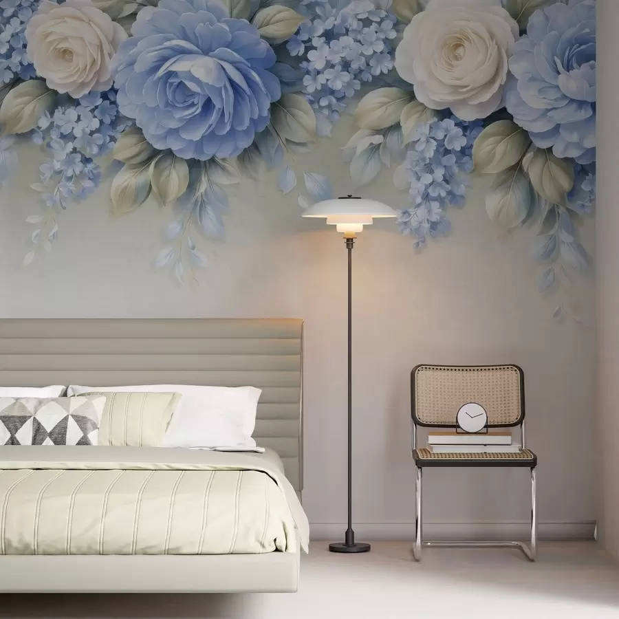 murales de pared Delicadas rosas y ramilletes florales en una composición botánica de inspiración porcelánica, con pétalos suaves dispuestos en capas y elegantes hojas onduladas w05495