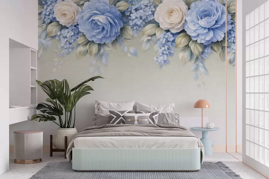 murales de pared Delicadas rosas y ramilletes florales en una composición botánica de inspiración porcelánica, con pétalos suaves dispuestos en capas y elegantes hojas onduladas w05495