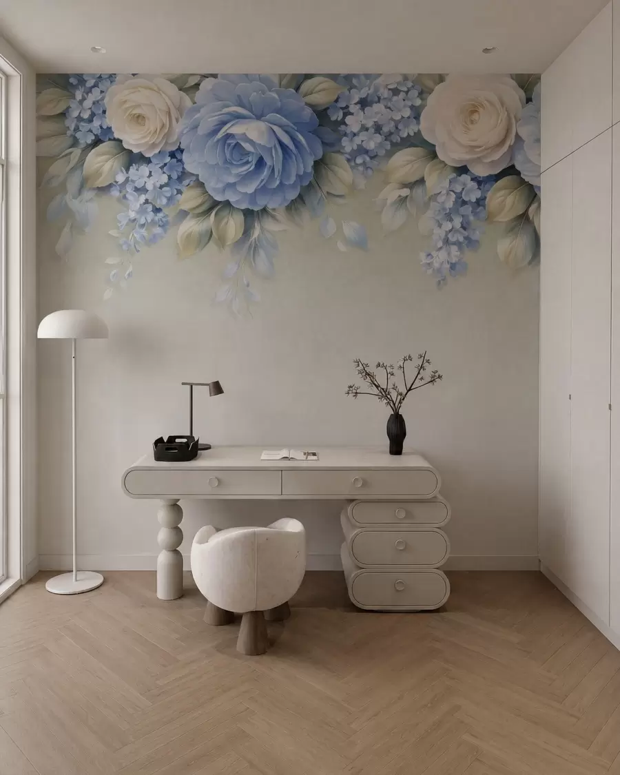 murales de pared Delicadas rosas y ramilletes florales en una composición botánica de inspiración porcelánica, con pétalos suaves dispuestos en capas y elegantes hojas onduladas w05495