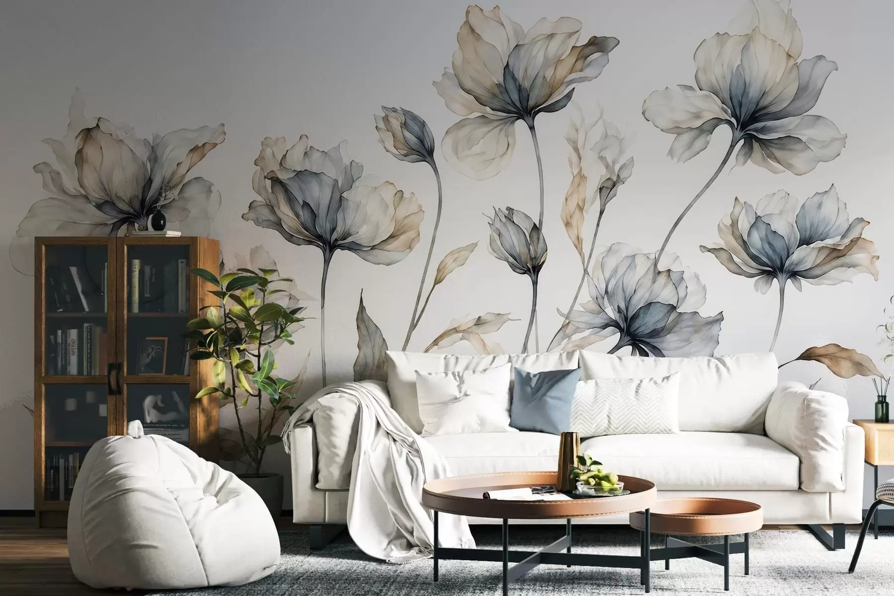 murales de pared Flores elegantes y ligeras, con pétalos translúcidos en capas y tallos largos y delicados w05579