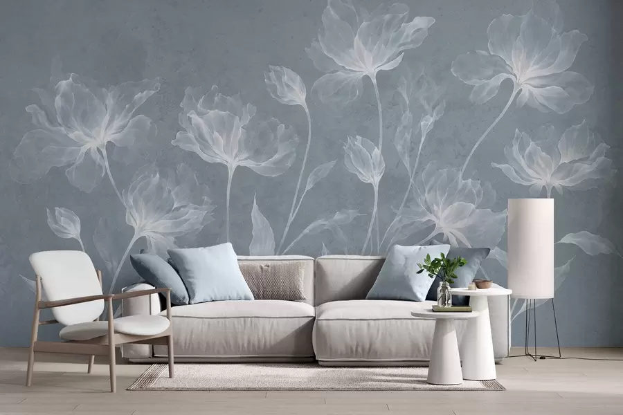 murales de pared Flores elegantes y ligeras, con pétalos translúcidos en capas y tallos largos y delicados w05579v2