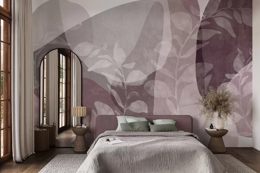 murales de pared Formas abstractas en tonos apagados se superponen a elementos botánicos transparentes y a motivos artísticos con textura w09865v1