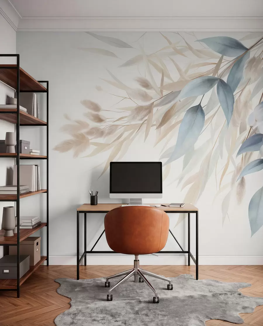 murales de pared Hierba seca con textura, hierba de la pampa y hojas azules, pintadas con un estilo suave, al estilo de la acuarela w09868