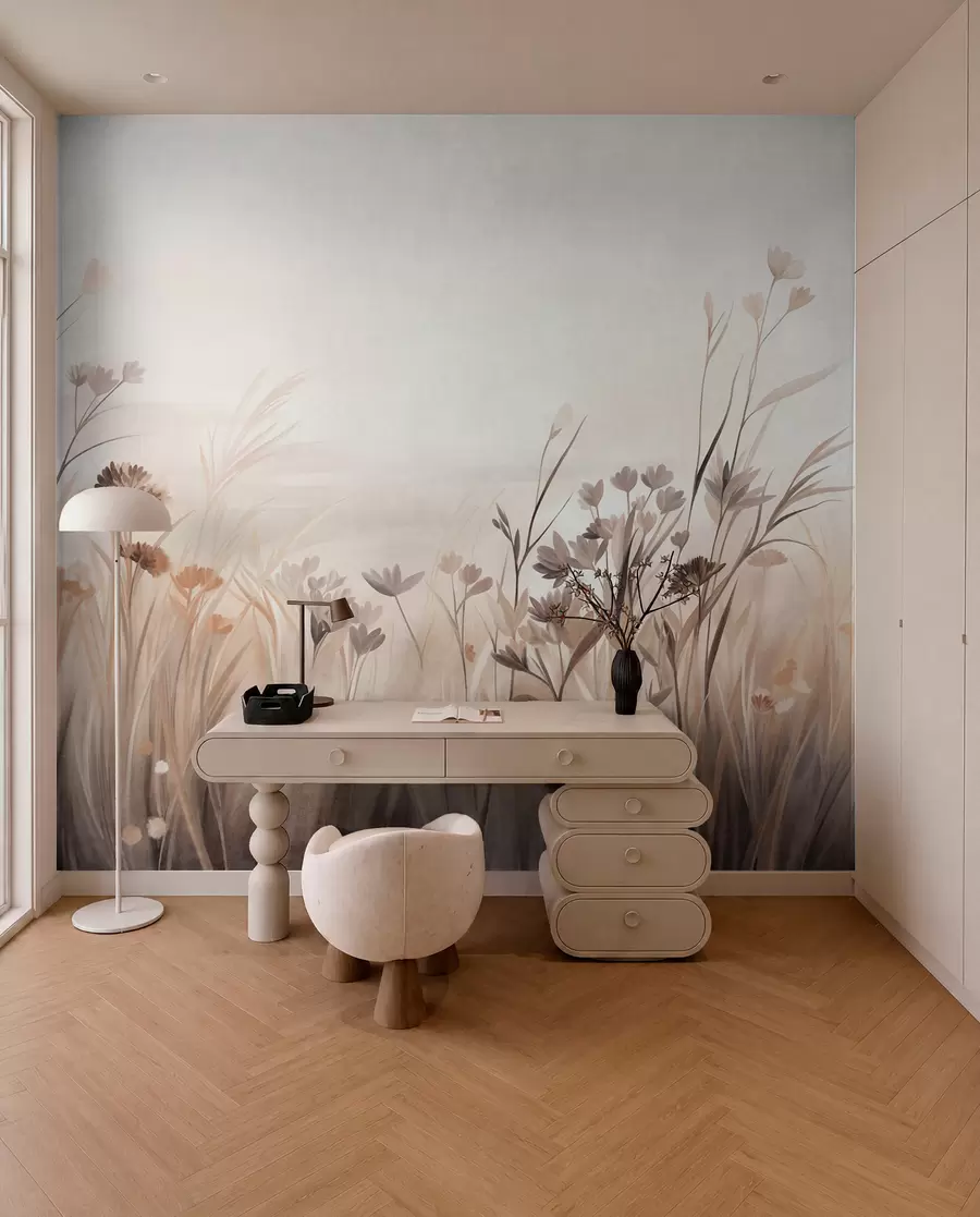murales de pared Un campo de flores silvestres en tonos apagados de marrón y beige, con hierbas altas y delicadas flores w09872