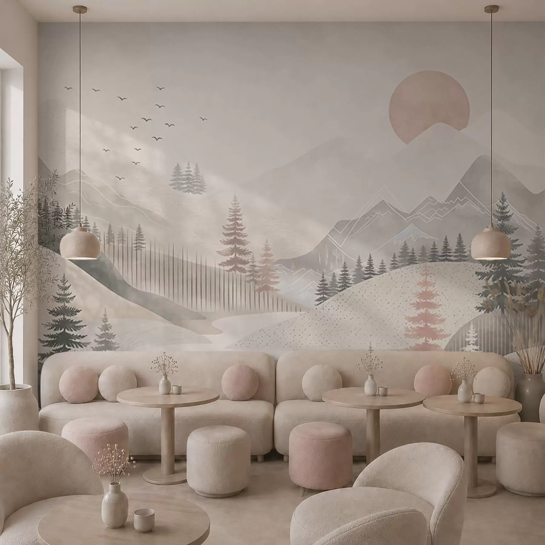 murales de pared Paisaje montañoso minimalista con pinos w05626