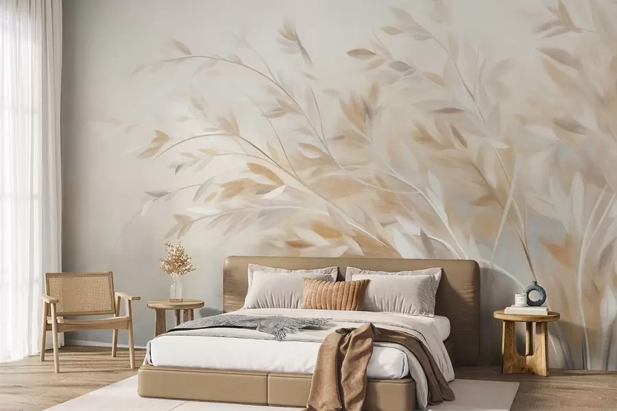 murales de pared Tallos de hierba con textura y hojas, que se mecen suavemente sobre un fondo suave y apagado w09752