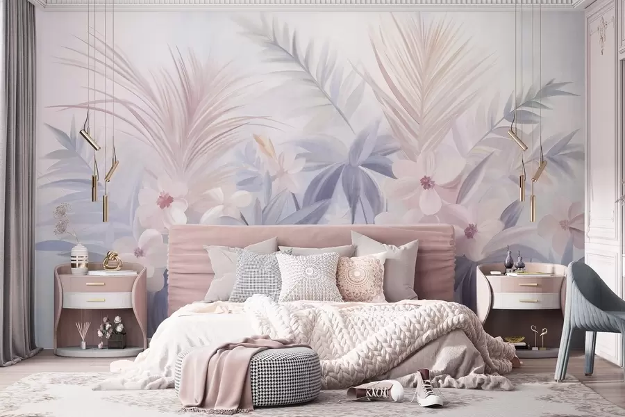 murales de pared Flores tropicales y hojas de palmera en tonos apagados de azul y rosa, estilo pictórico w09832