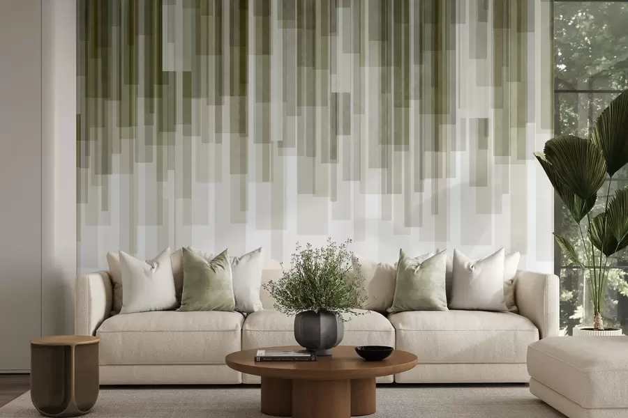 murales de pared Rectángulos verticales con textura, de diversa transparencia y en distintos tonos de verde; arte abstracto w09889