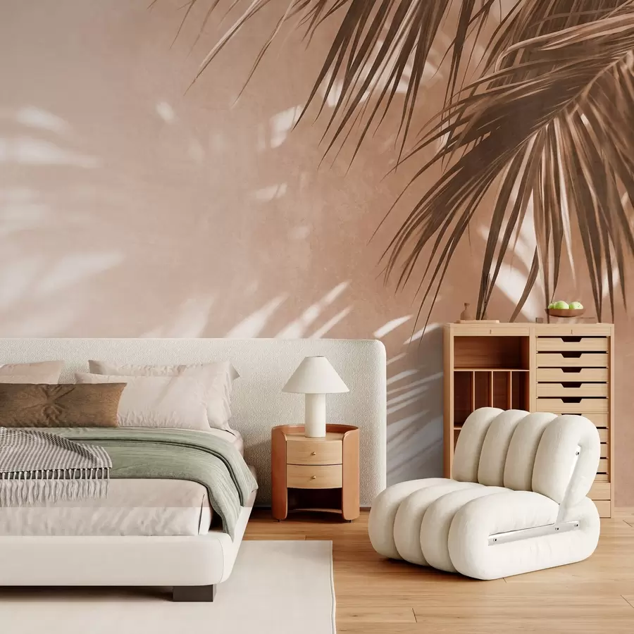 murales de pared Hojas de palmera con textura y sombras, un ambiente tropical, minimalismo w09890
