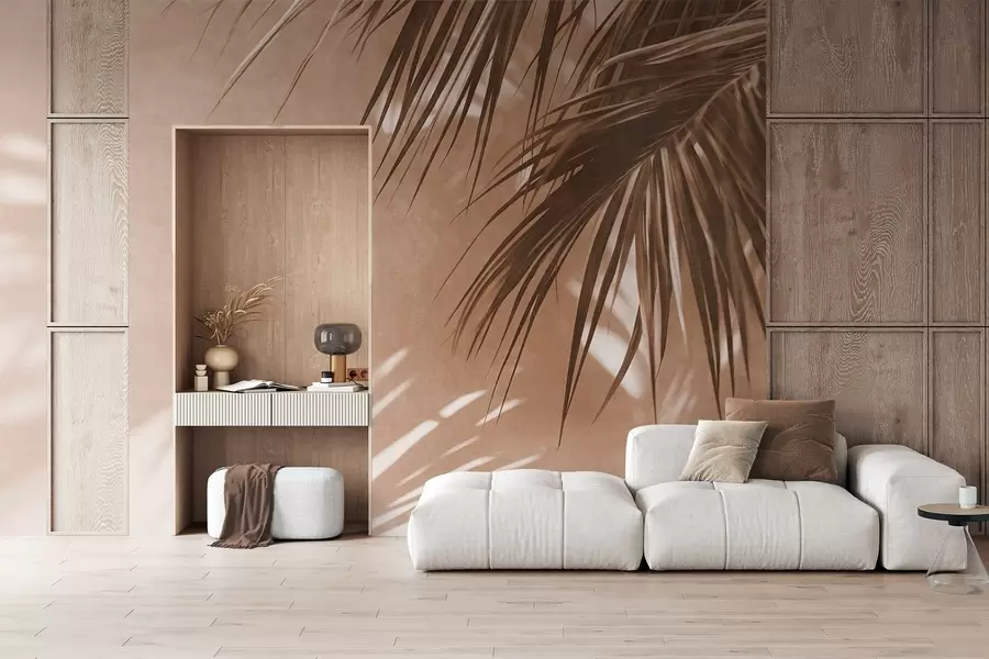 murales de pared Hojas de palmera con textura y sombras, un ambiente tropical, minimalismo w09890