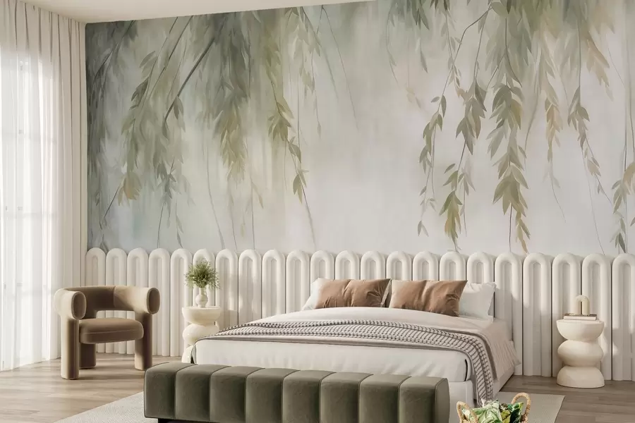 murales de pared Ramas de sauce con hojas de color verde pálido que cuelgan sobre un fondo tenue, al estilo de la acuarela w09893