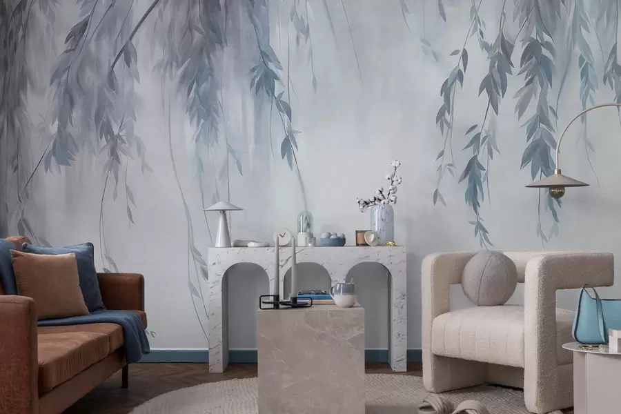 murales de pared Ramas de sauce con hojas de color azul pálido que cuelgan sobre un fondo tenue, al estilo de una acuarela w09893v2