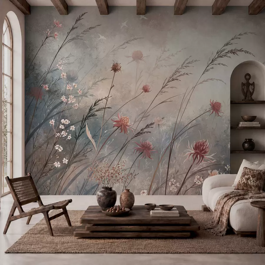 murales de pared Delicadas flores silvestres en un paisaje brumoso en tonos pastel w05538