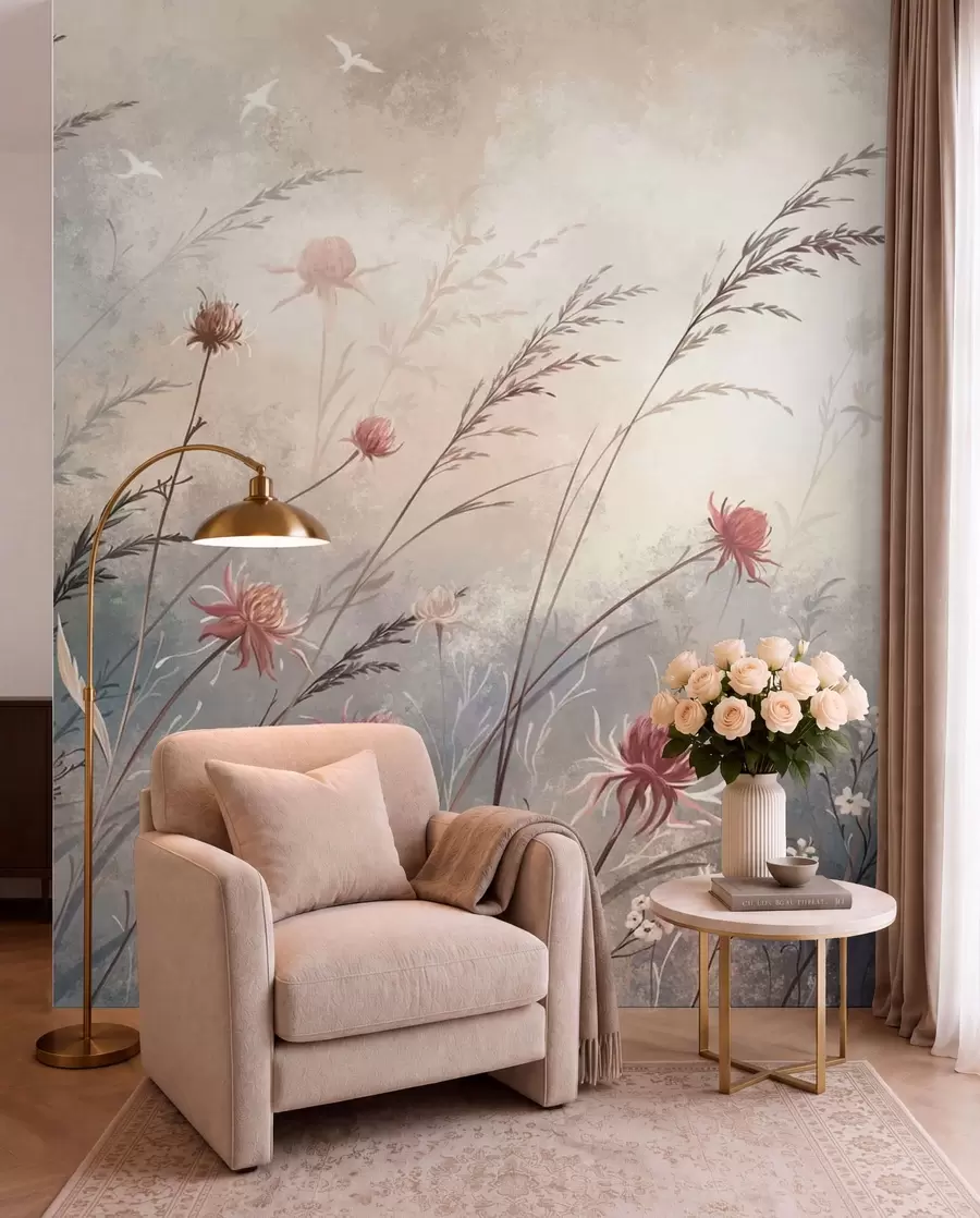 murales de pared Delicadas flores silvestres en un paisaje brumoso en tonos pastel w05538