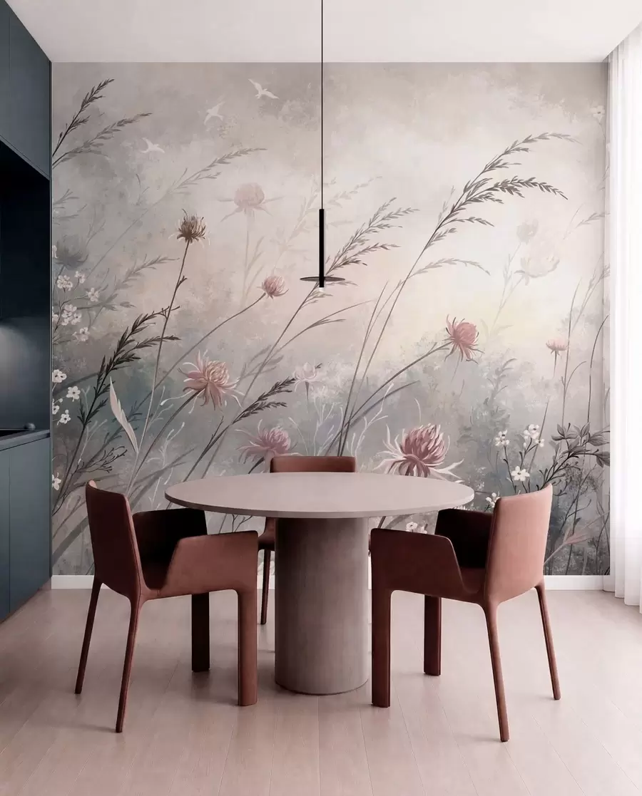 murales de pared Delicadas flores silvestres en un paisaje brumoso en tonos pastel w05538