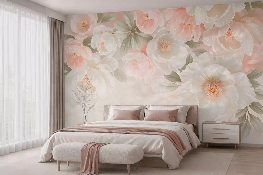 murales de pared Flores grandes y delicadas en tonos rosa y crema w05540