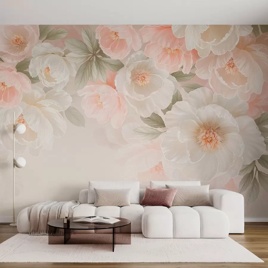 murales de pared Flores grandes y delicadas en tonos rosa y crema w05540