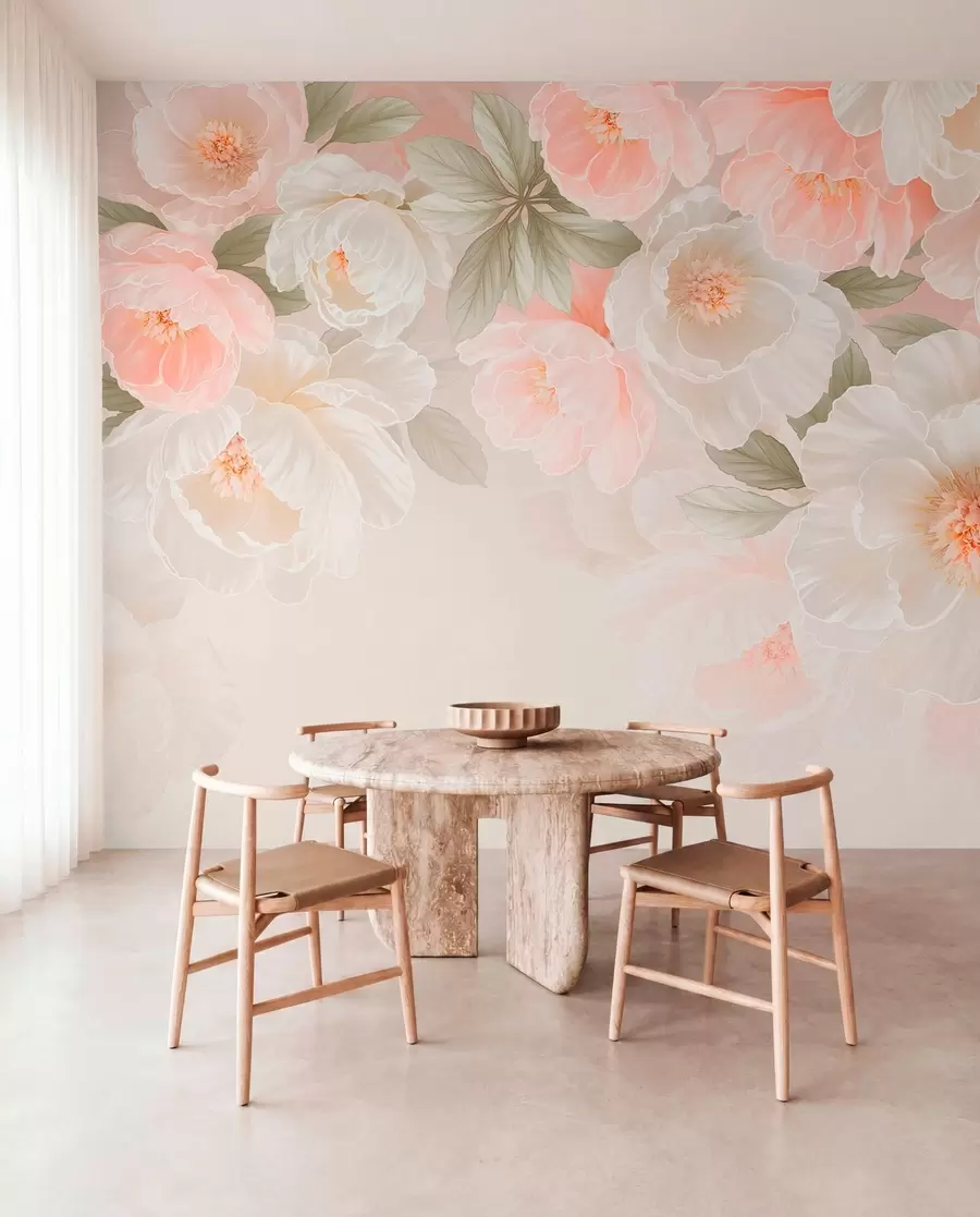murales de pared Flores grandes y delicadas en tonos rosa y crema w05540