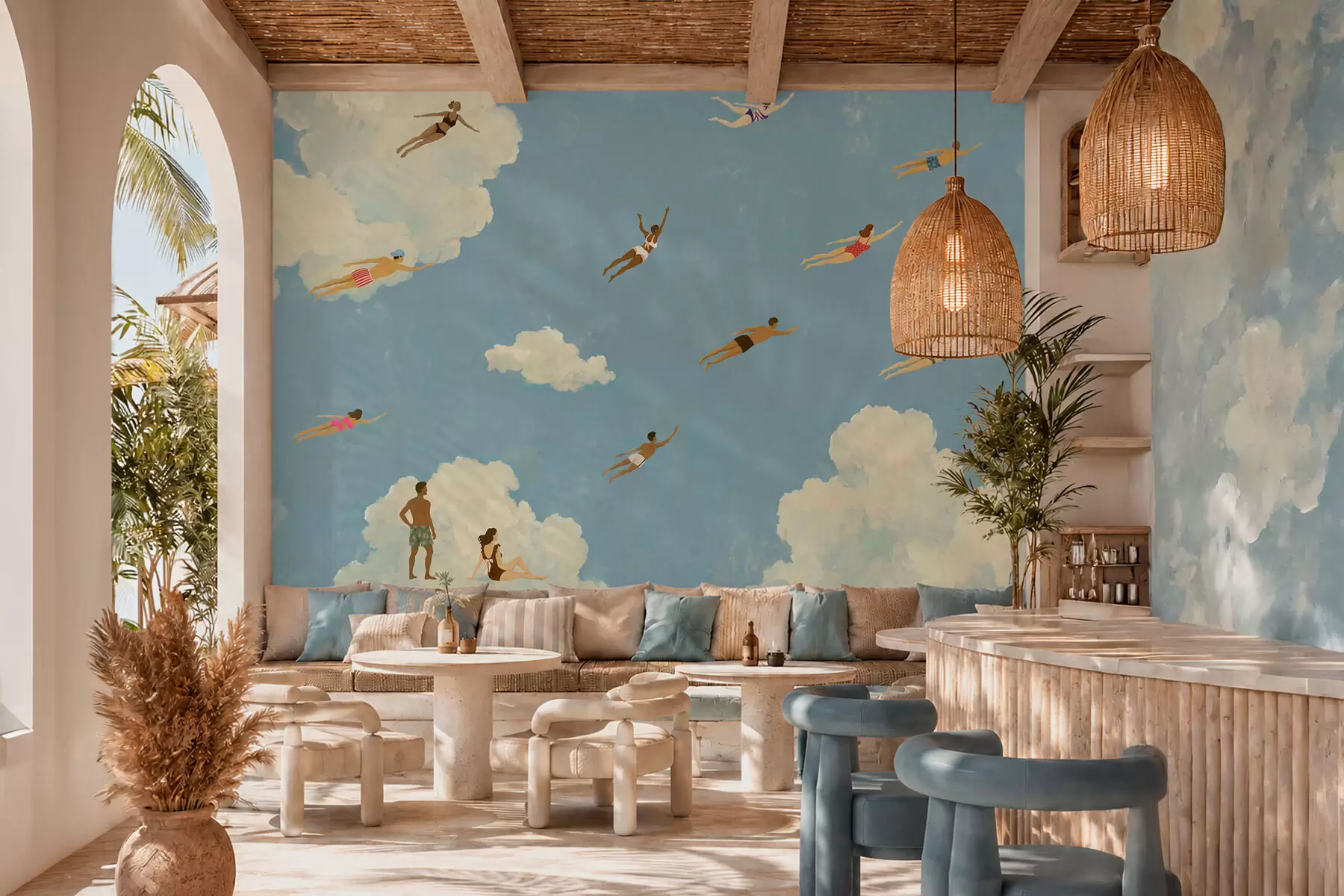 murales de pared Personas flotando entre las nubes en un cielo azul w05628