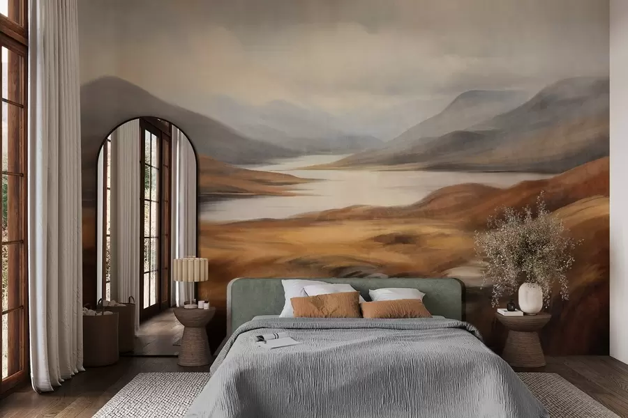 murales de pared Paisaje con relieve, un lago rodeado de colinas y montañas bajo un cielo nublado con hierba seca w09756