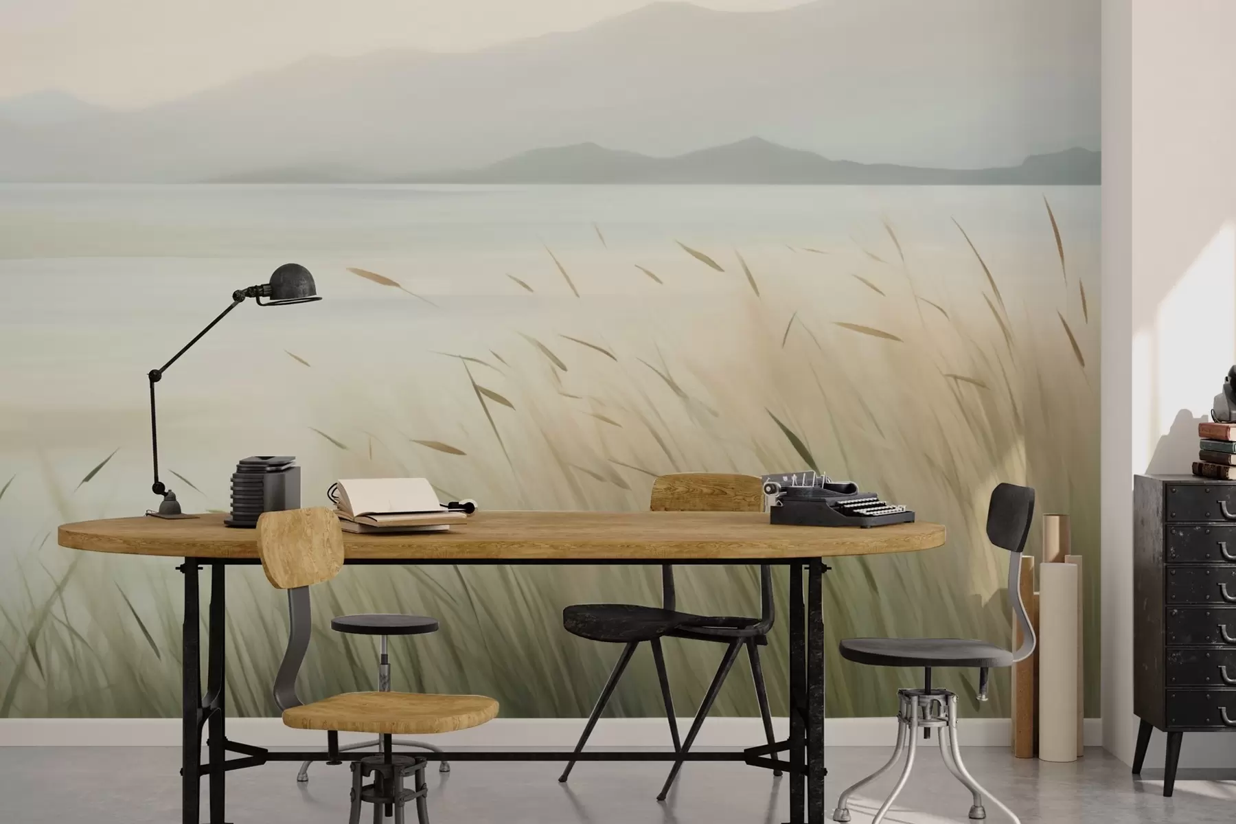 murales de pared Césped junto al lago con las montañas al fondo w05668